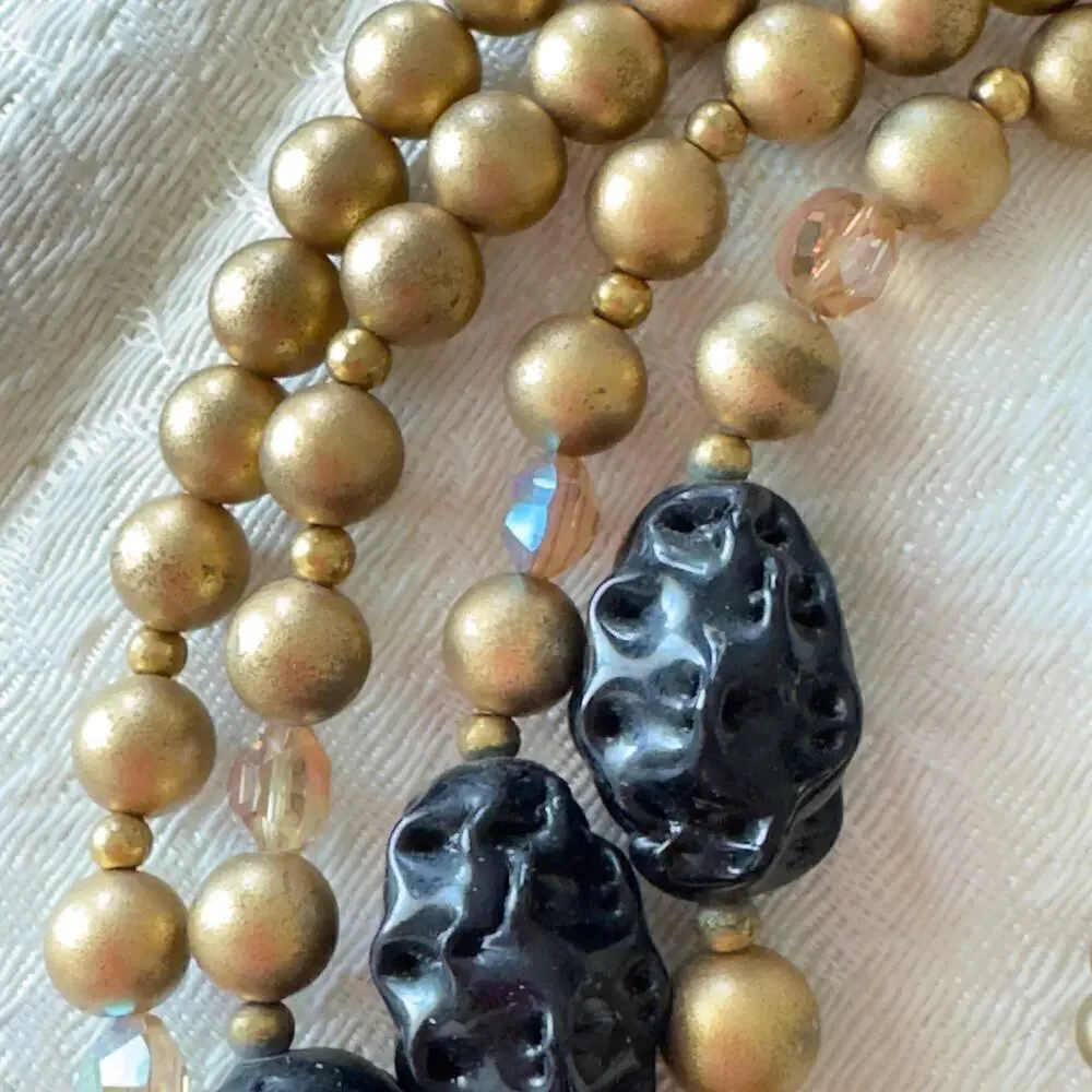 Vintage Earring & Multi Strand Necklace Set Gold & Black Beaded 1950s Japan